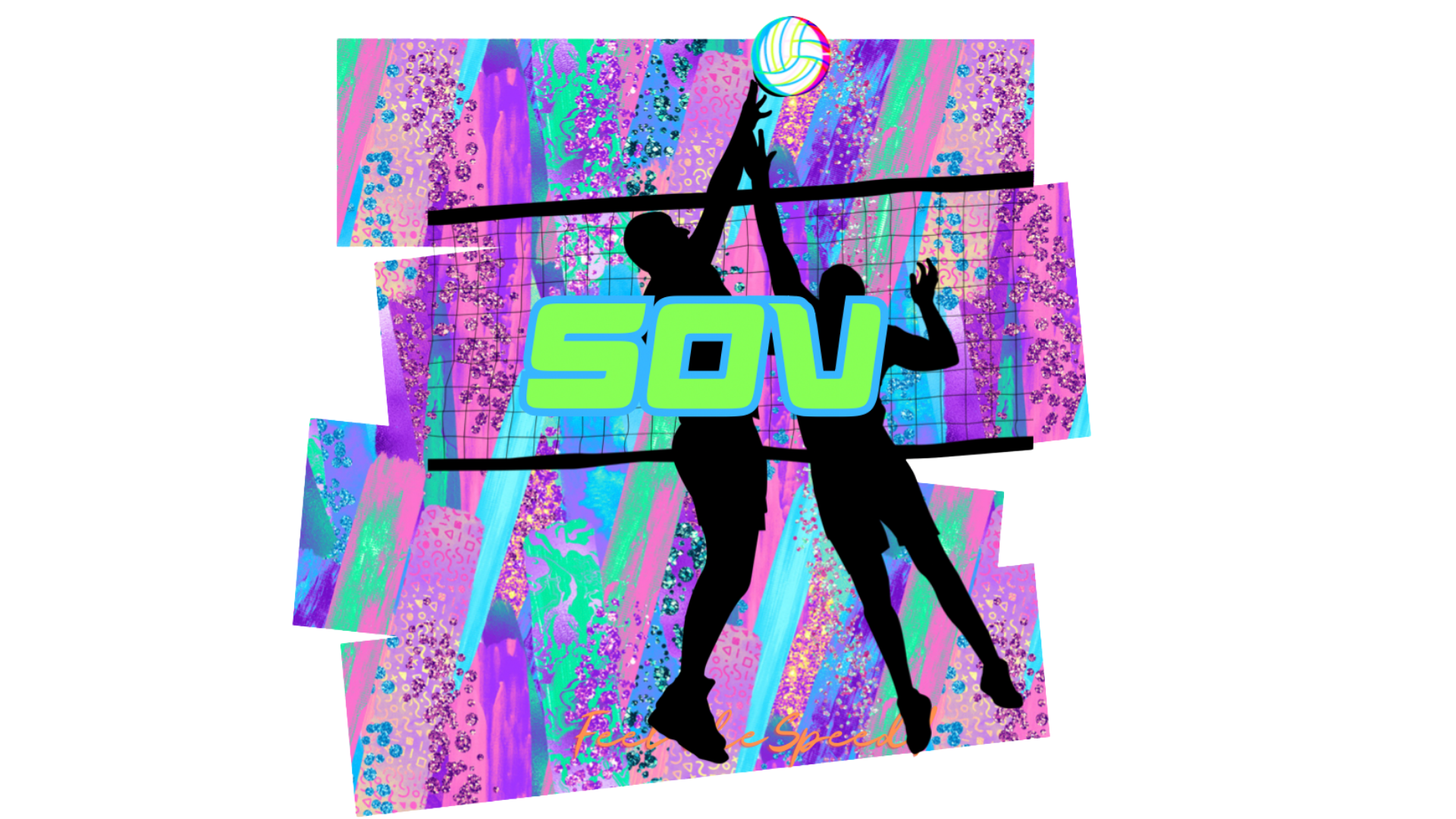 Silhouettes of two volleyball players jumping and reaching to hit a volleyball over a net, with colorful, abstract, and glitch art background. The word 'SAV' is prominently displayed in large, bright green letters across the center.