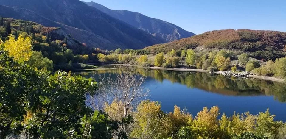 Scenic view of a river surrounded by autumn-colored trees and mountains in the background in Utah.