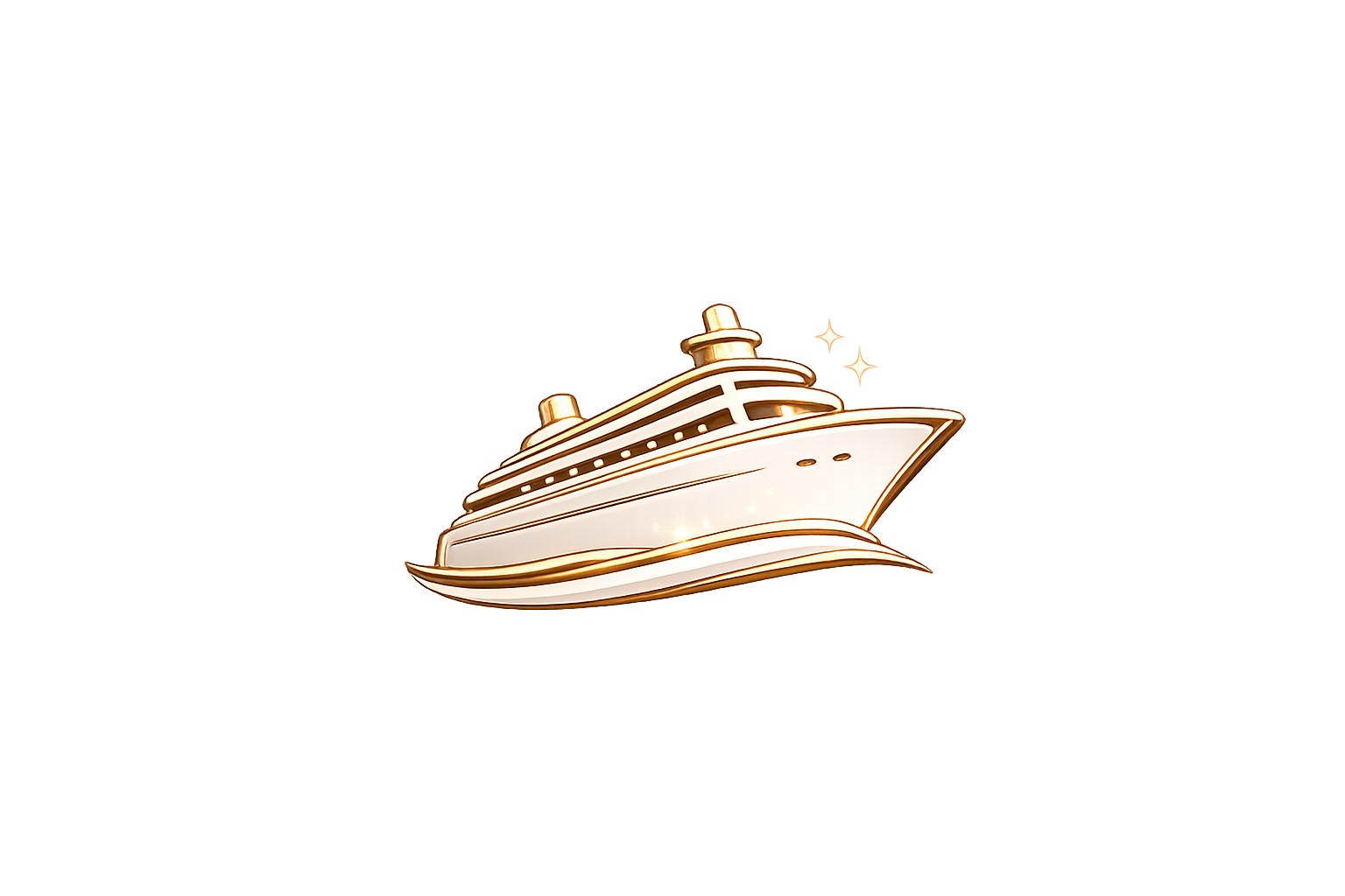 Golden illustration of a cruise ship on a brown and blue background.