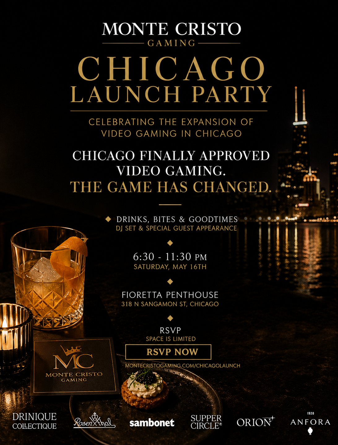 Invitation for the Chicago launch party of Monte Cristo Gaming, celebrating the expansion of video gaming in Chicago, featuring drinks, bites, a DJ, and a special guest, held at Fioretta Penthouse from 6:30 to 11:30 PM on Saturday, May 16th.