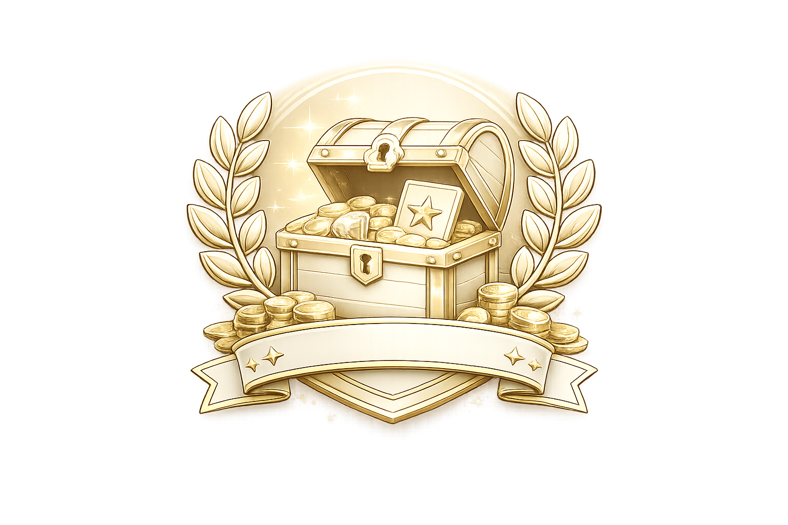 Golden treasure chest filled with coins and a star emblem, surrounded by laurel branches and a banner, emitting sparkling effects.