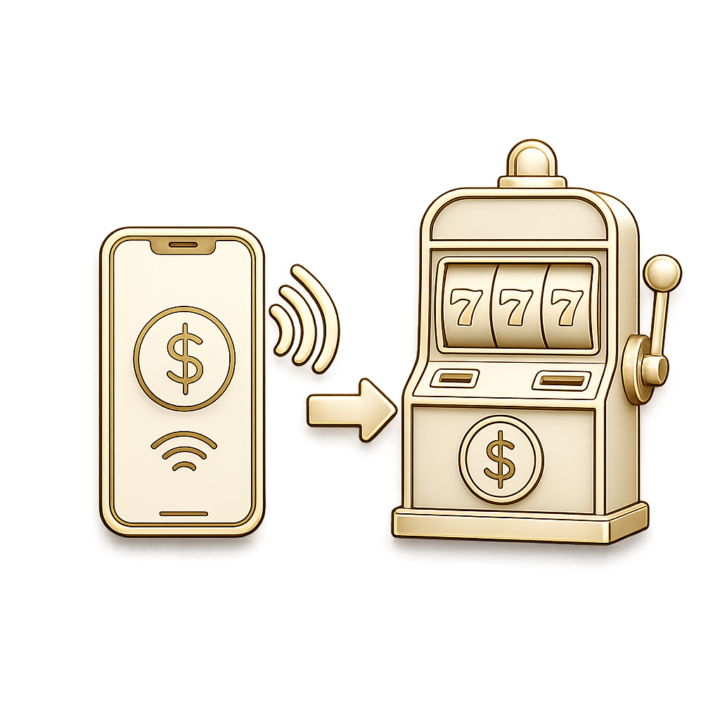 A digital illustration showing a smartphone with a dollar sign and Wi-Fi symbol, indicating wireless payment, next to a vintage slot machine with three sevens, symbolizing winning or gambling.