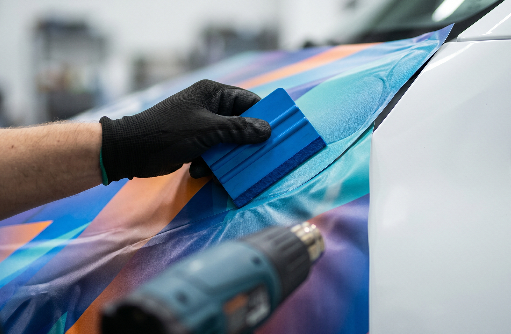 Close-up of a technician's hand using a squeegee to carefully install a custom vinyl vehicle wrap onto a commercial fleet truck body at the production facility in Orlando.