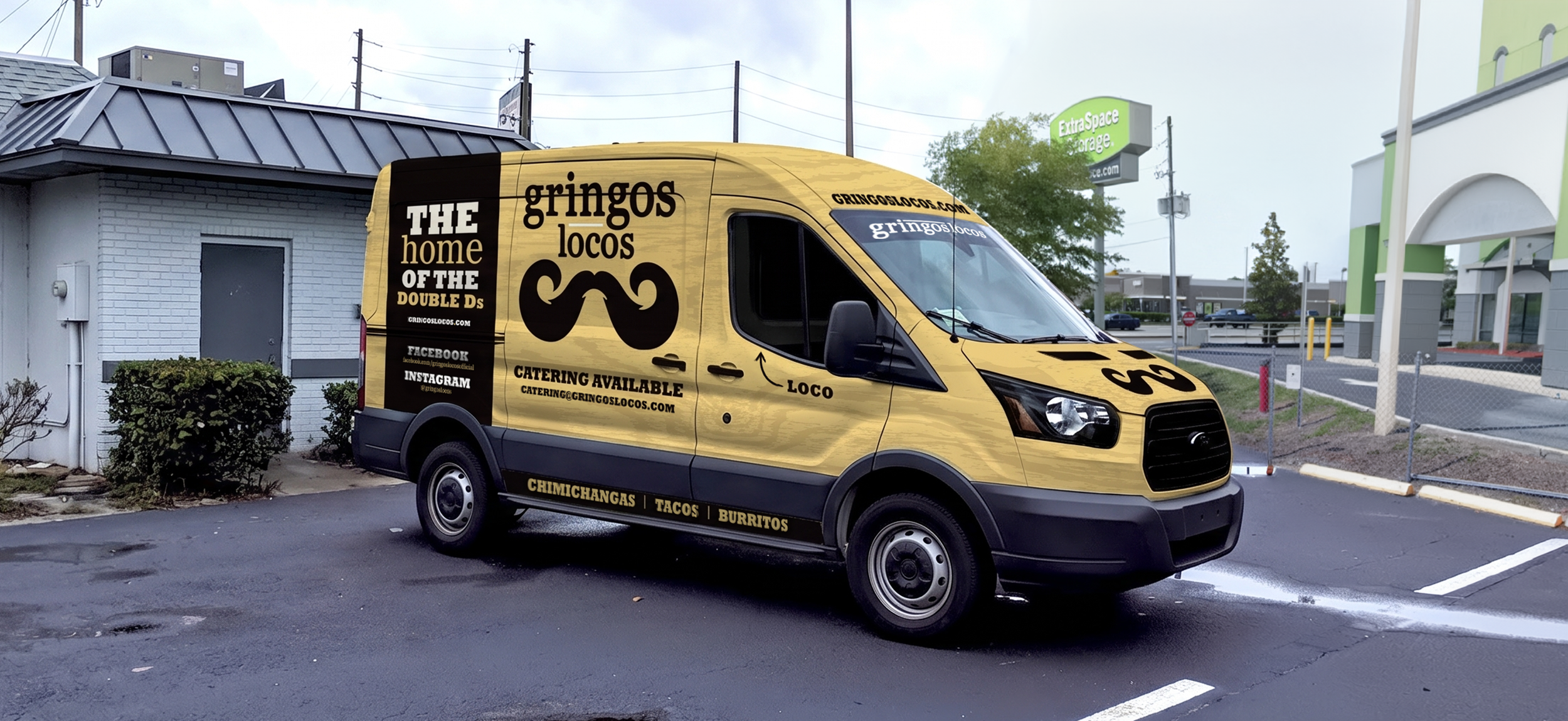 Commercial delivery fleet logistics vehicle wrap and local retail brand identity design for Gringos Locos Orlando.