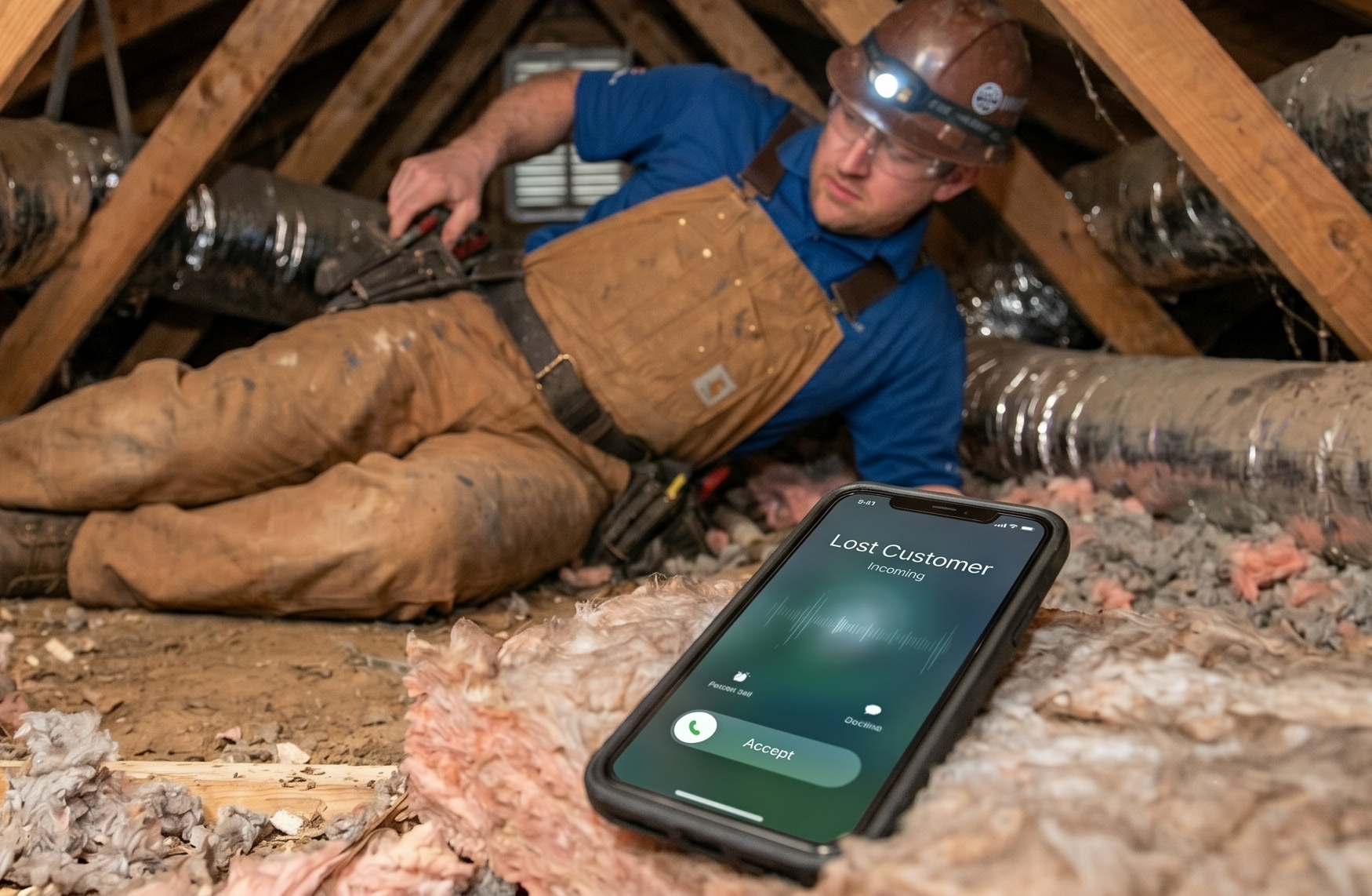 A technician busy working inside a central Florida home attic crawlspace, unaware of an unanswered incoming customer phone call on a nearby smartphone, highlighting the revenue-saving benefits of an automated online booking and scheduling website.