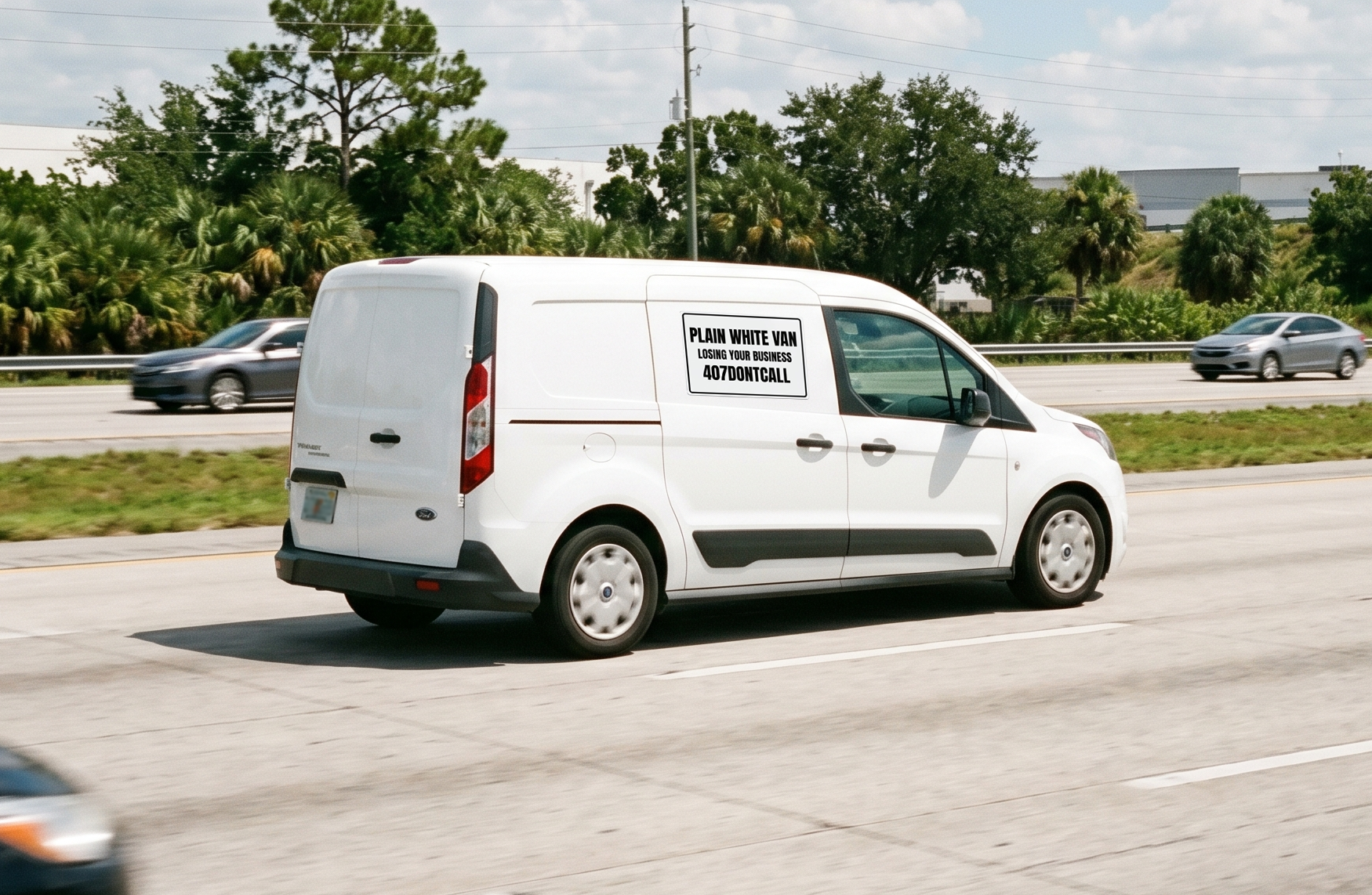 Side view of an white cargo van driving on a highway in Orlando, illustrating the concept of a home service business losing jobs due to a lack of professional company branding.