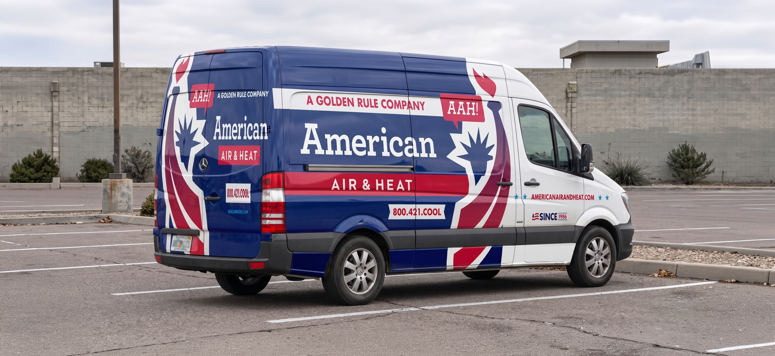 Dodge ProMaster commercial van featuring custom fleet vehicle wrap artwork for American Air & Heat parked in an Orlando residential neighborhood.