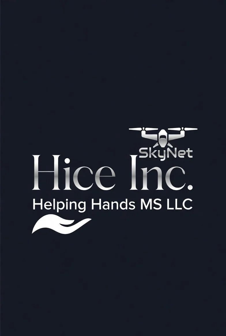Logo with a drone graphic, the text 'SKYNet', and the business name 'Hice Inc.' with the tagline 'Helping Hands MS LLC' on a dark background.