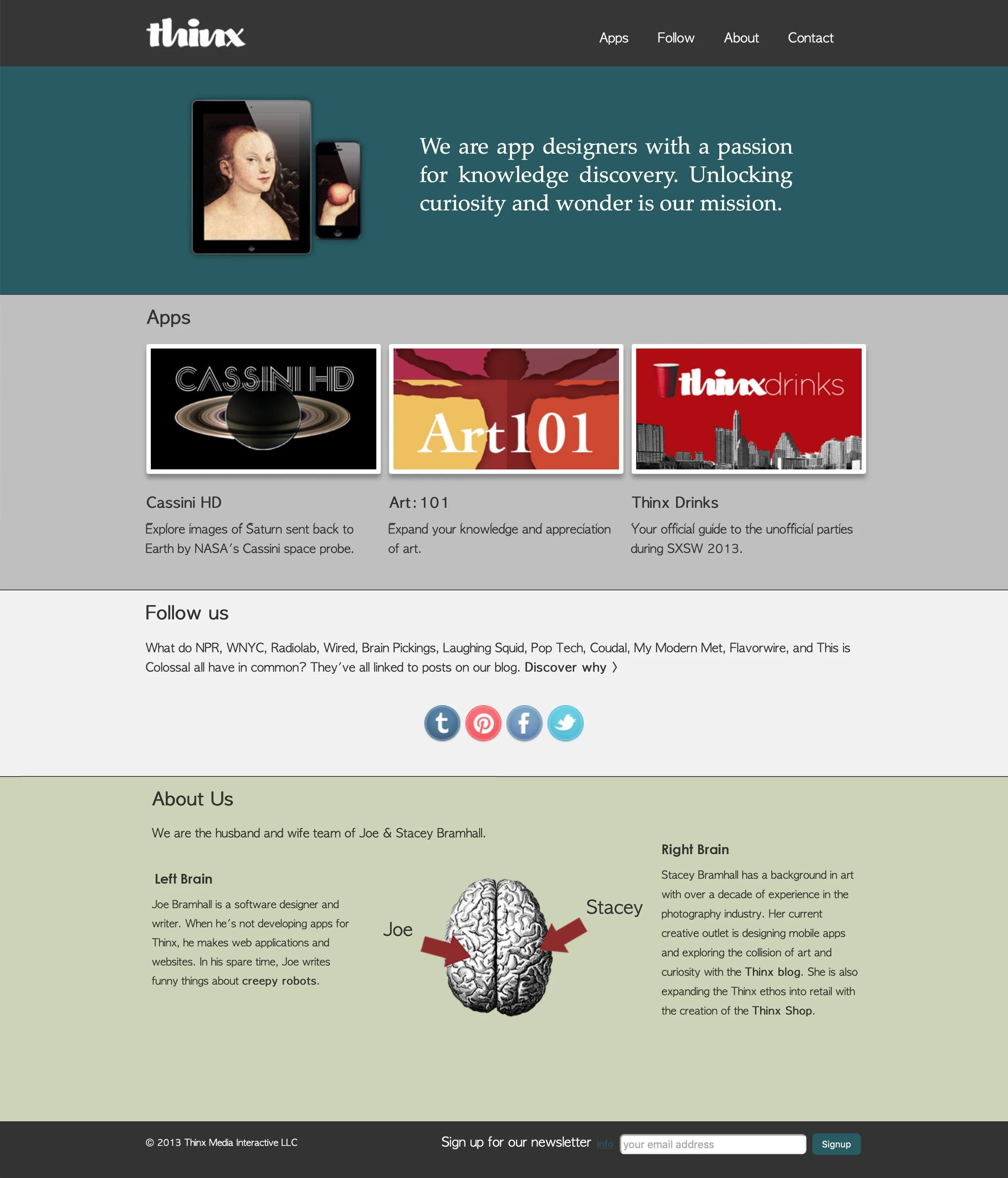 Screenshot of a website for Thinx, a design company. The page features a navigation menu with links to Apps, Follow, About, and Contact. It includes a header with a logo and a hero image of a tablet and smartphone displaying artwork, along with a quo