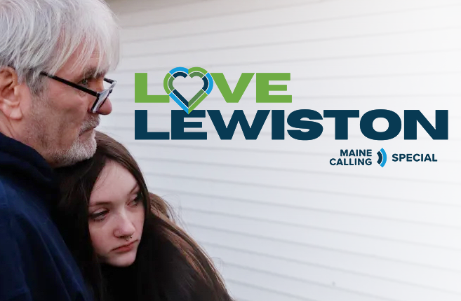 An older man with glasses and a young woman with long dark hair and a nose piercing standing together in front of a wall with a large graphic reading 'Love Lewiston, Maine Calling Special.'