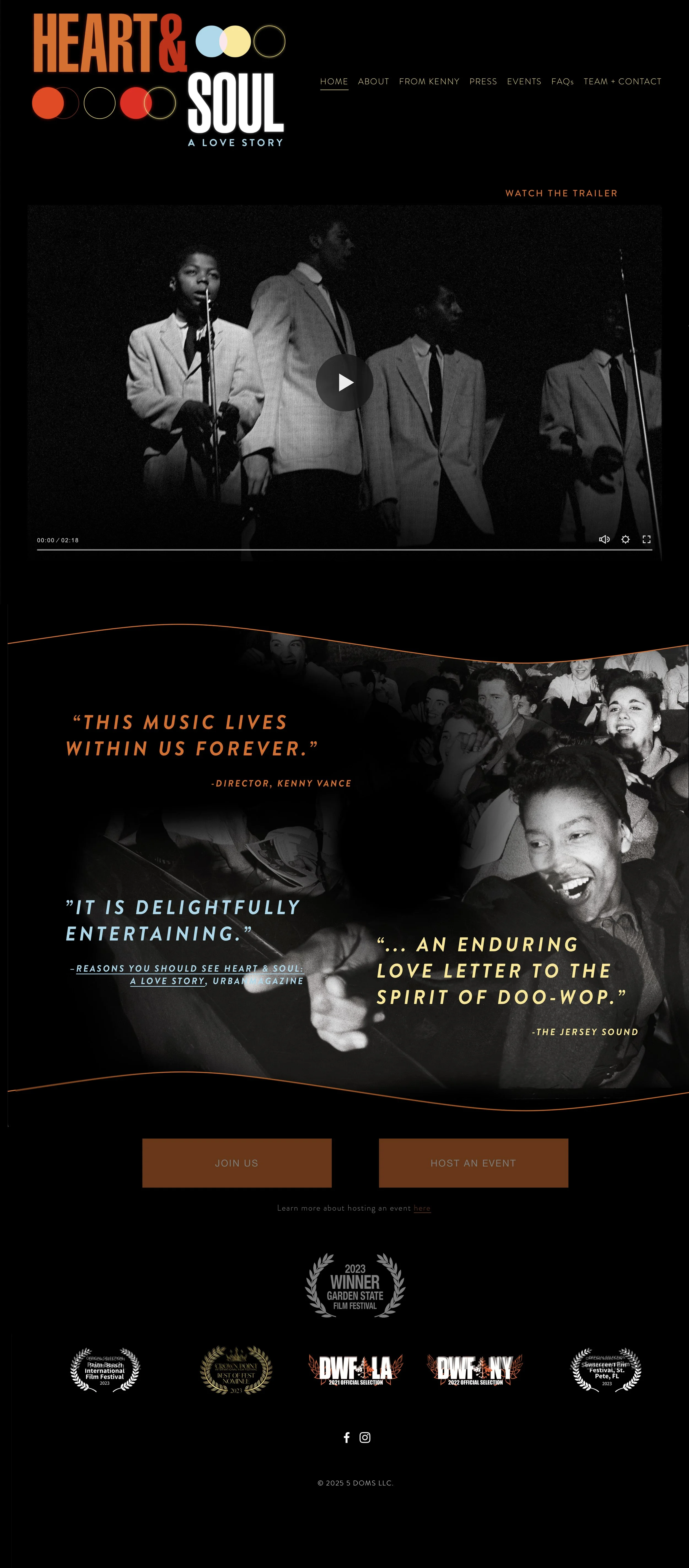 Website homepage for a film titled 'Heart & Soul', featuring black and white images of a choir and an audience, with quotes praising the film, and buttons to join or host an event.