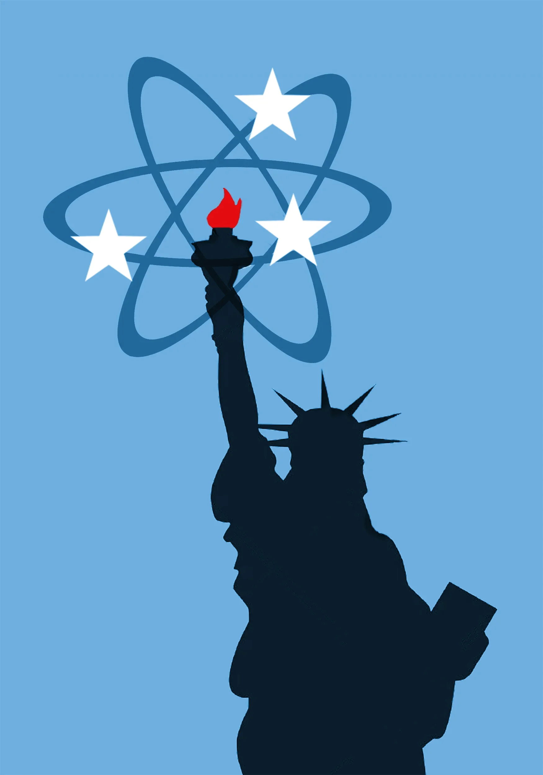 Silhouette of the Statue of Liberty holding her torch with an atom symbol and three stars around it on a blue background.
