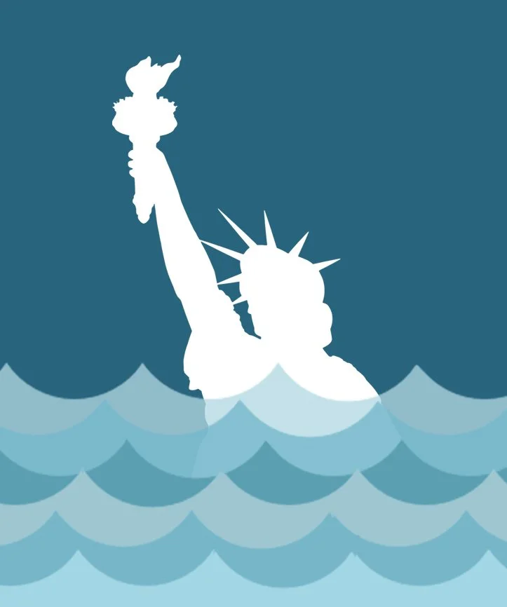 Silhouette of the Statue of Liberty partially submerged in water with waves at the bottom and a dark blue sky background.