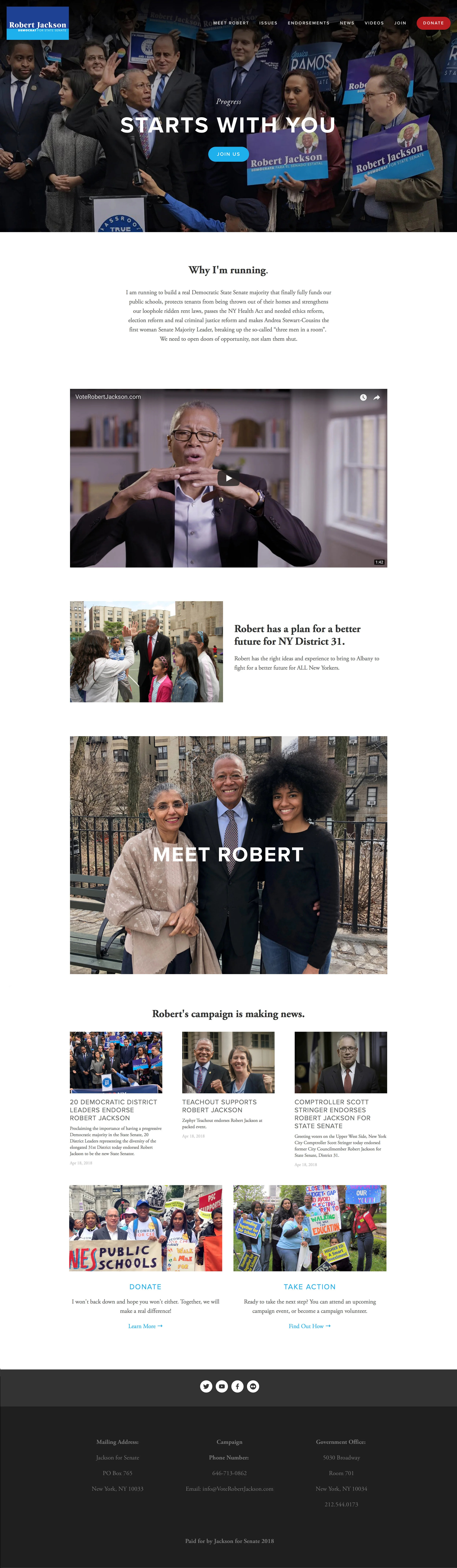 Screenshot of a political campaign website featuring Robert Jackson. The homepage shows a group of diverse people at a rally, some holding campaign signs. The page includes sections about Jackson's candidacy, a video, images of him with community mem