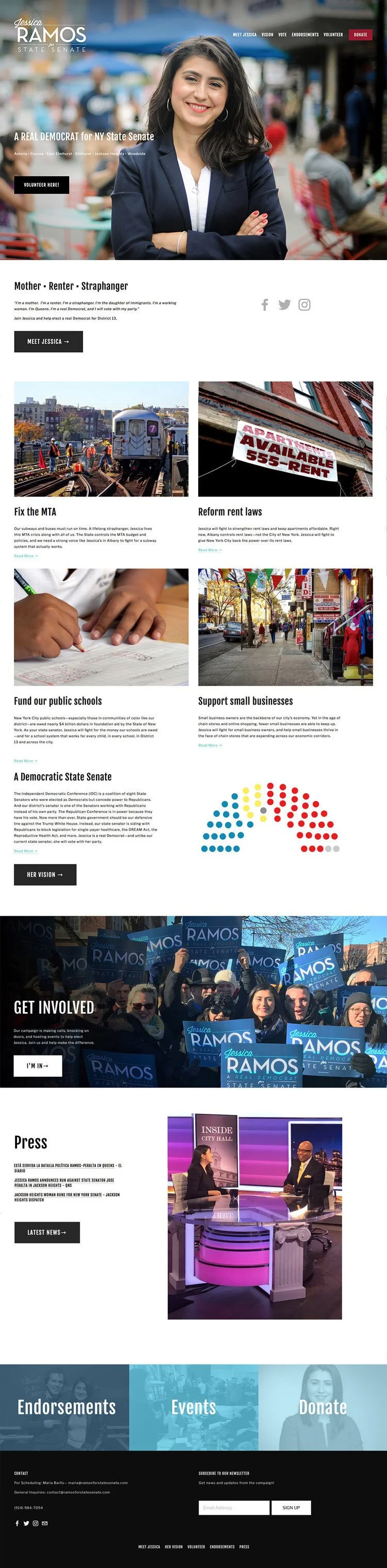 Page from Jessica Ramos' campaign website featuring her portrait, campaign message, and sections about her initiatives, events, press, and endorsements.