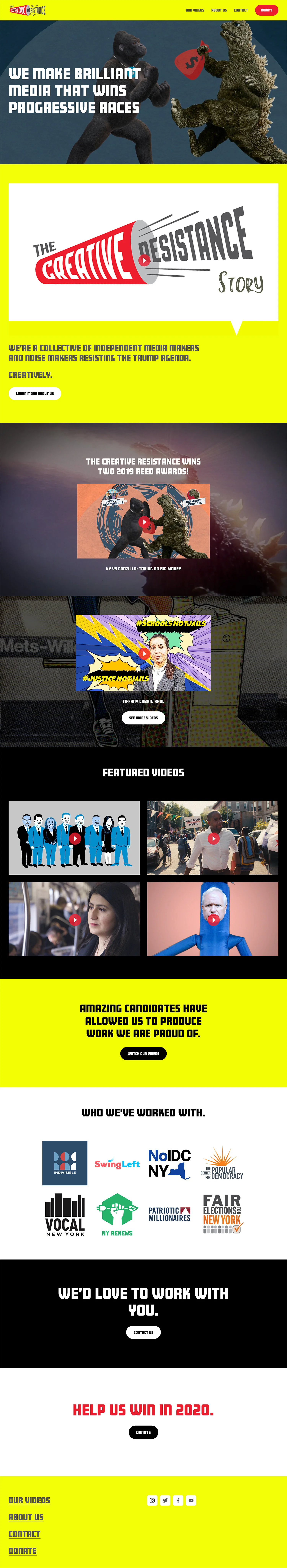 Website homepage with bold yellow and black theme promoting creative resistance media, featuring images of activists and winning awards, with links to videos, support, and contact information.