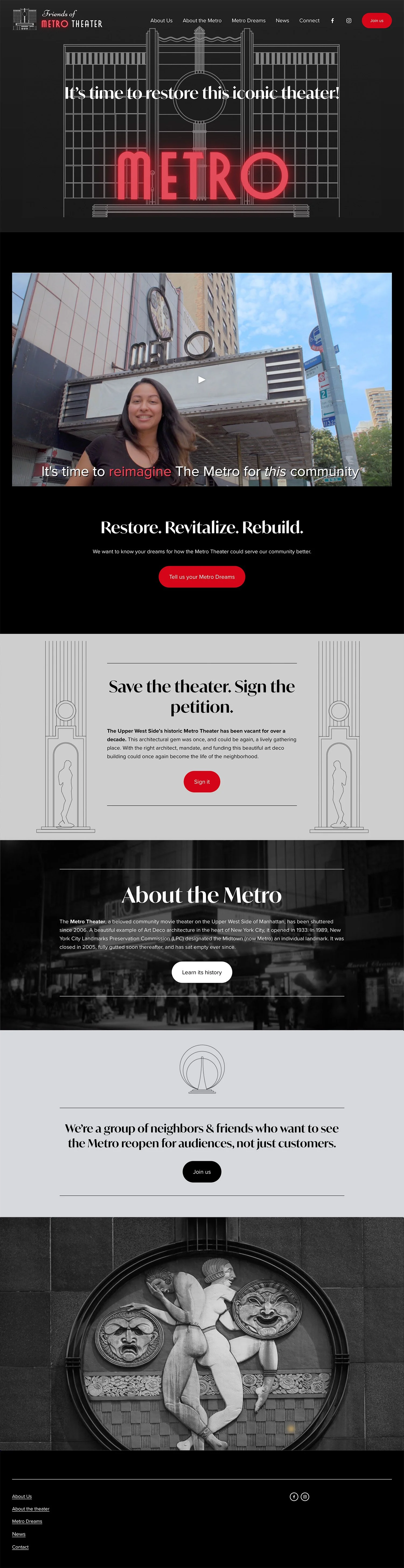 The image shows a website homepage for a campaign to restore and revive the Metro Theater. The top section features a neon sign of the word 'METRO' in bright red, with a message about restoring the iconic theater. Below is a video frame of a woman st