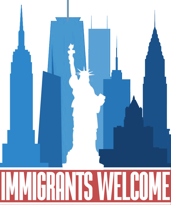 Silhouette of the Statue of Liberty against a city skyline with tall buildings, and the text 'IMMIGRANTS WELCOME' at the bottom.