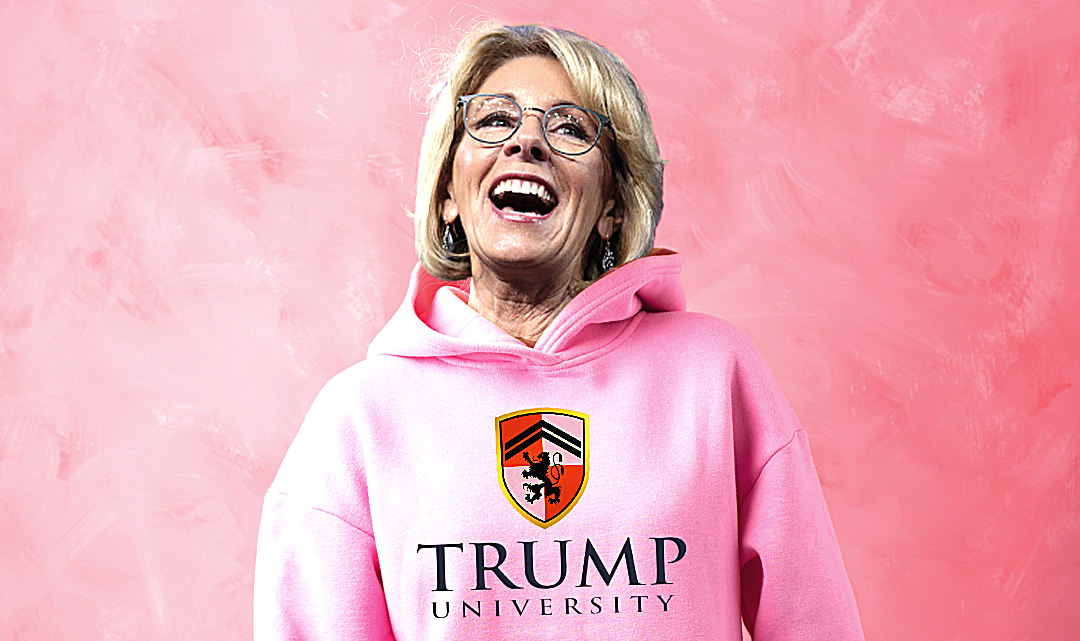 A woman in glasses wearing a pink hoodie with the Trump University logo, smiling against a pink background.