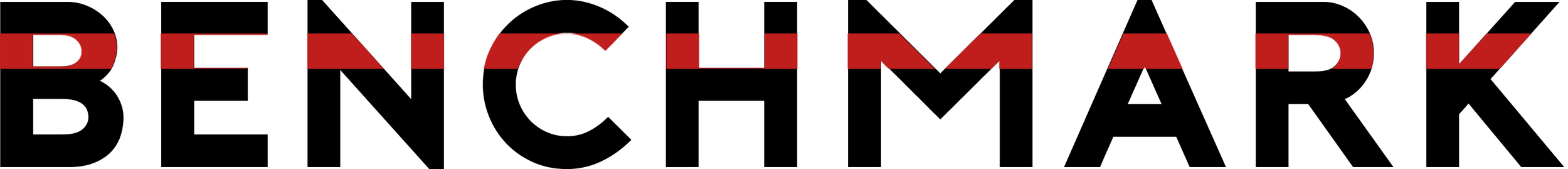 The image shows a logo for 'Benchmark' with bold, black text with a bold red line crossing through the letters 