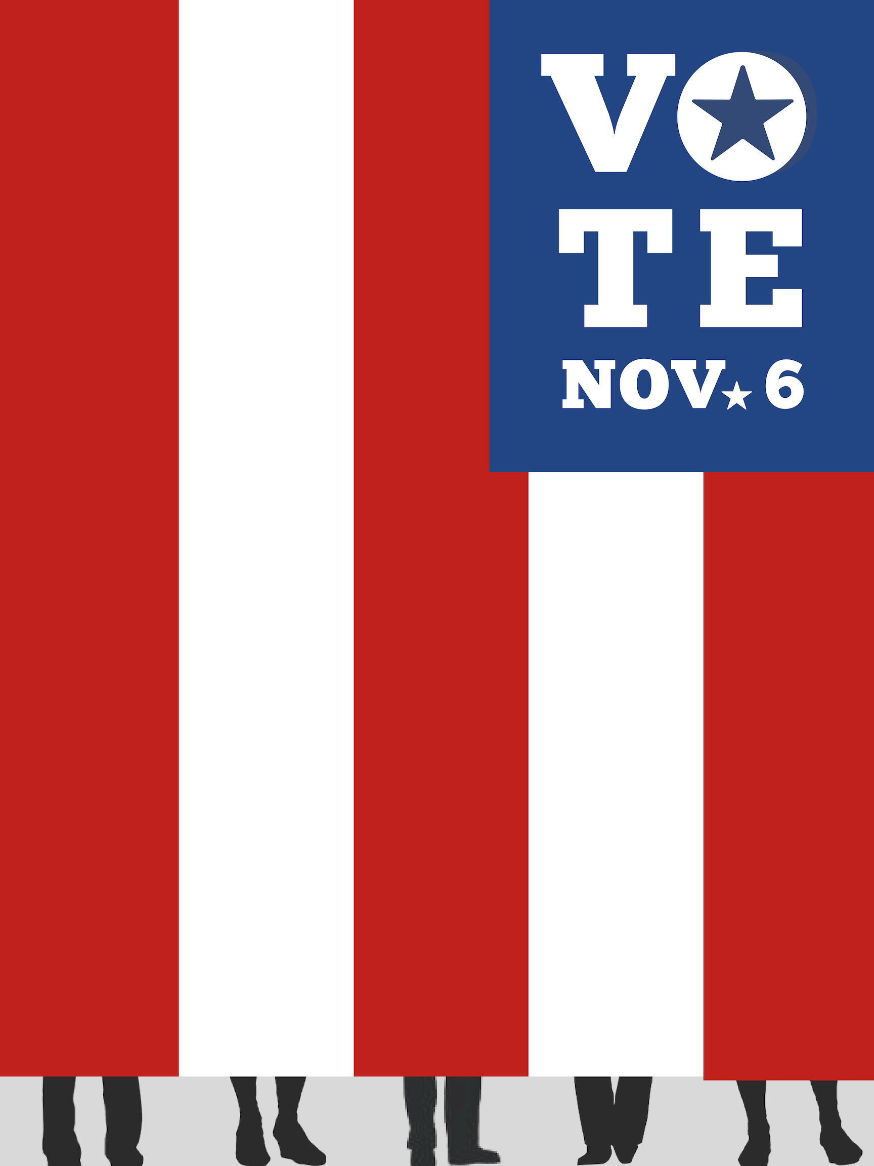 Text overlay with large white letters spelling 'VOTE' and date 'NOV. 6' on a flag-like background, The feet of people appear below the stripes as though the stripes are individual voting booths.