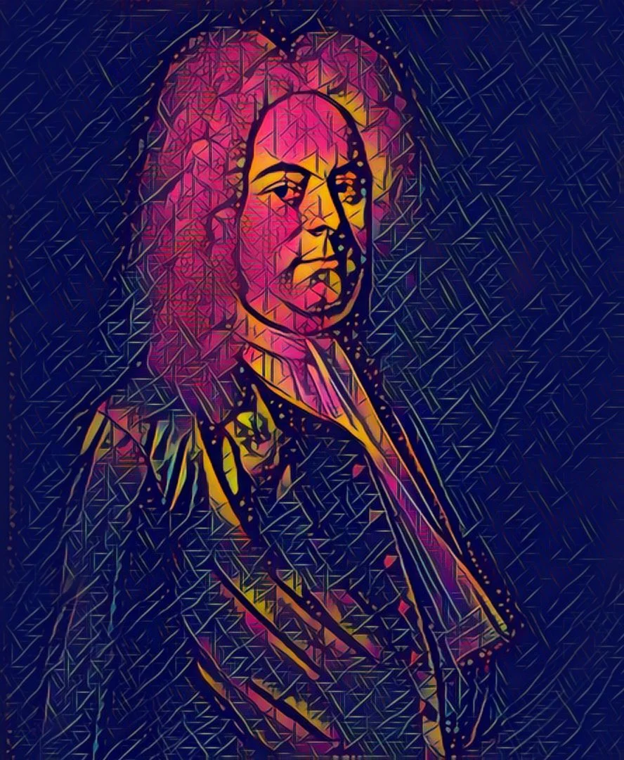Stylized digital artwork of George Frideric Handel looking to the side, against a dark textured background with vibrant pink, yellow, and purple colors.