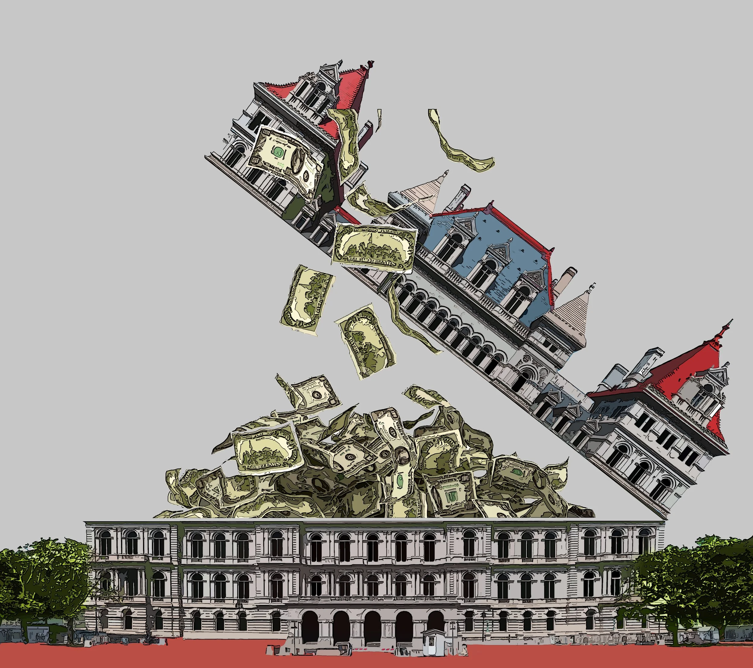 A digital illustration of the New York state capitol in Albany opening up to revealing a giant pile of dollar bills and coins.