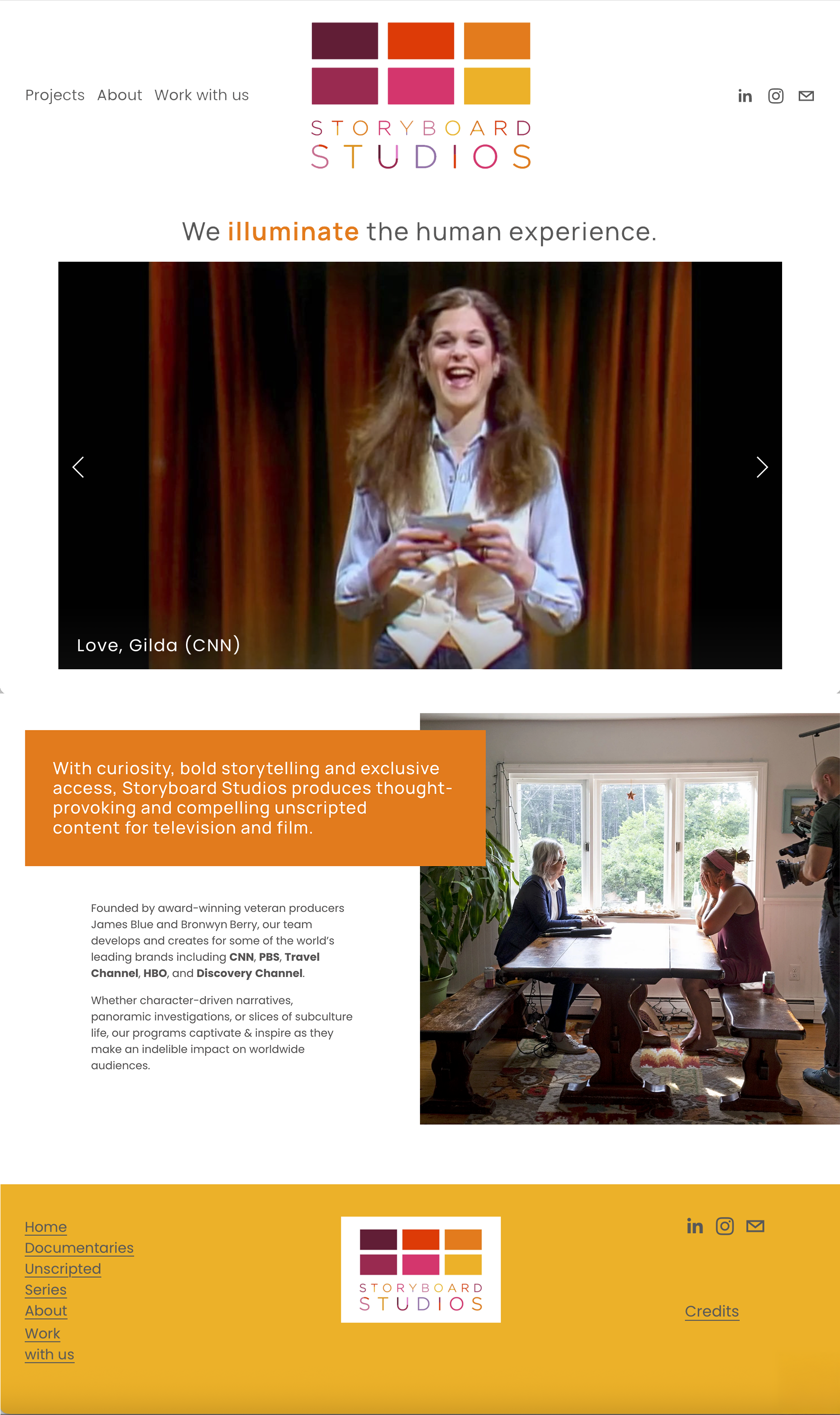 Screenshot of the homepage of the Storyboard Studios website, featuring a logo, navigation menu, and promotional images of a woman on stage and people in a meeting room.