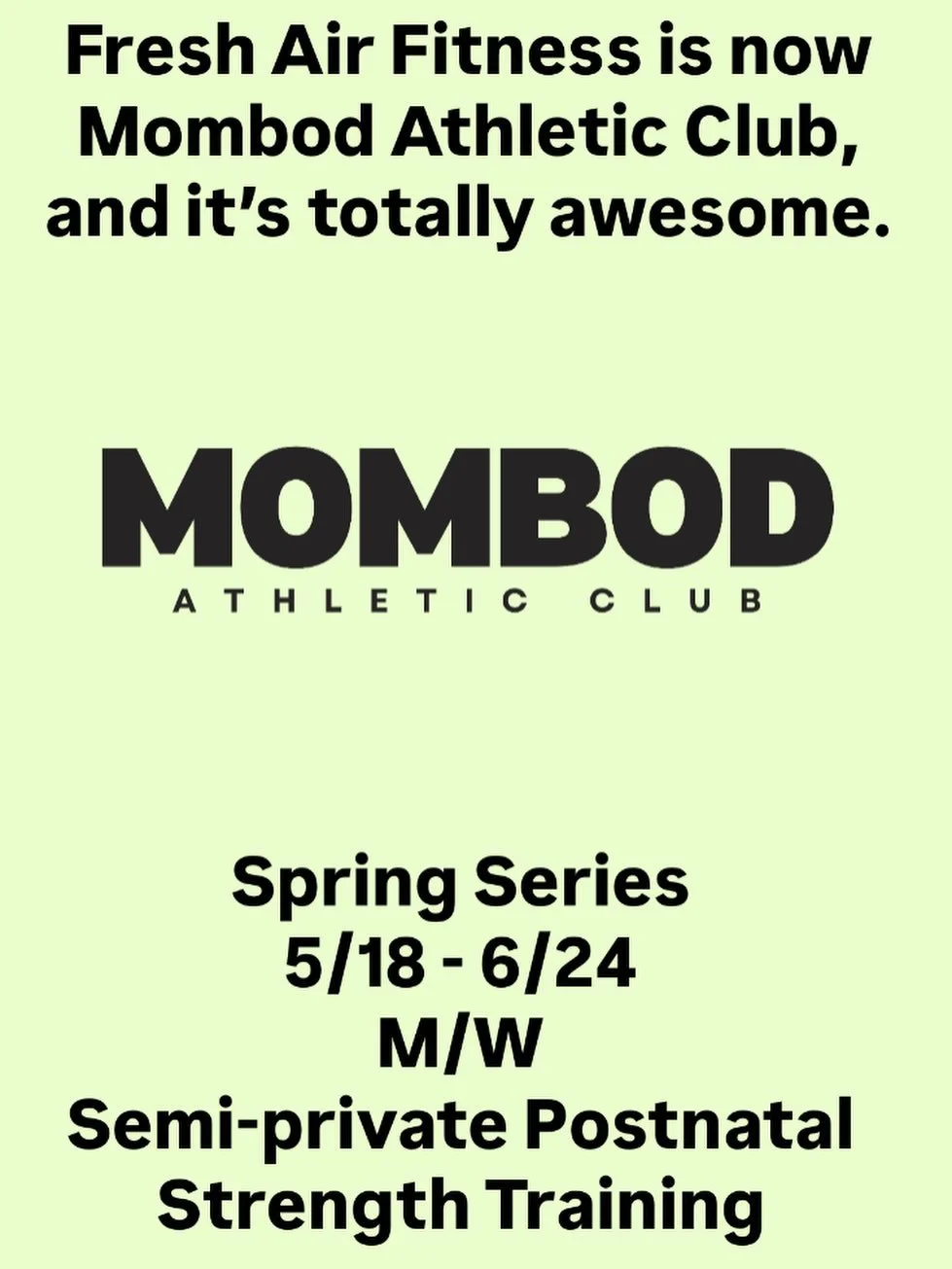 I&rsquo;m back at it again! This time I&rsquo;ll be focusing primarily on pre &amp; postnatal fitness. Fresh Air Fitness is now called Mombod Athletic Club 🤗  Sending lots love out to all my FAF friends! Thank you for the good times!!!