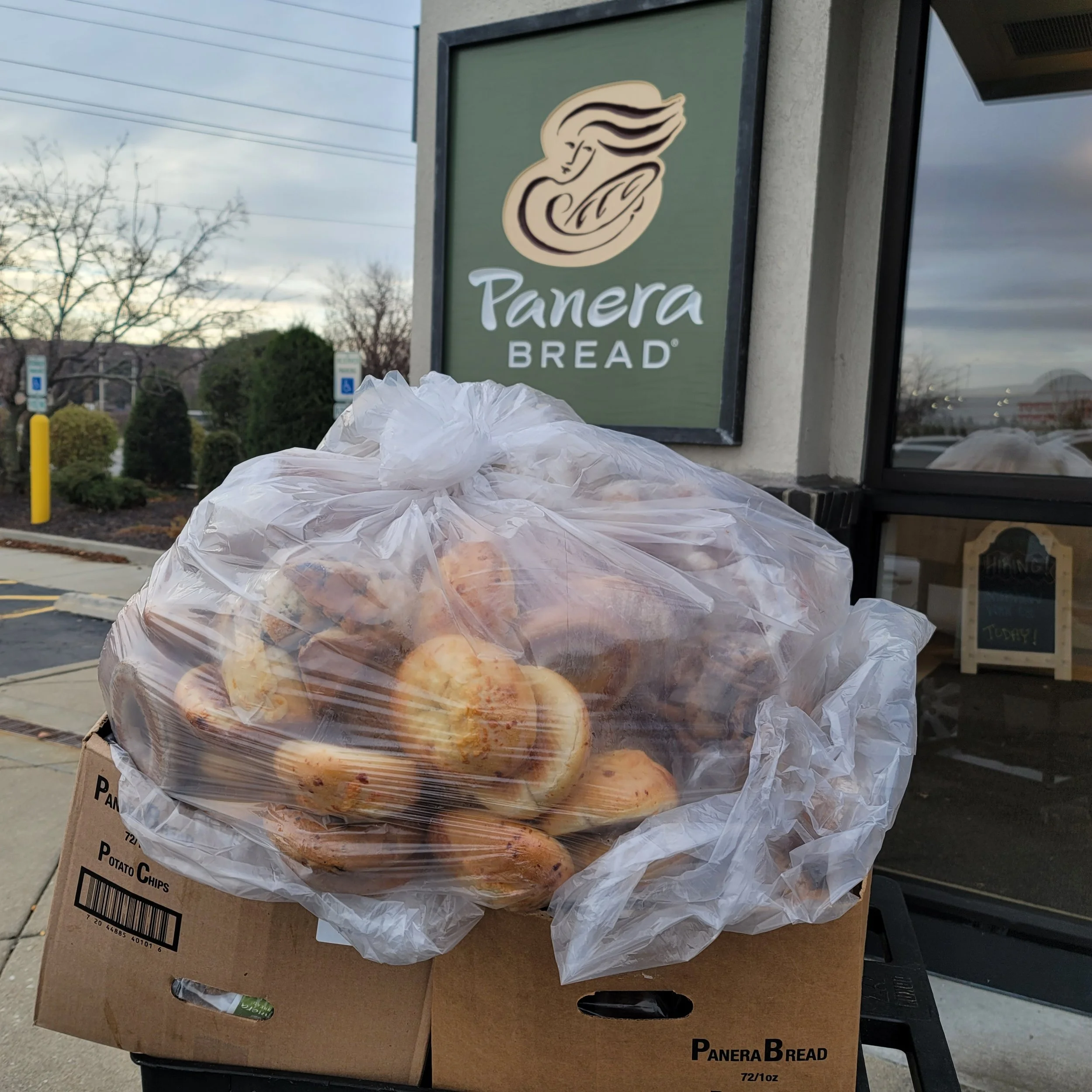Thanks to Panera for being a donation partner. Here is a regular morning pick up before the store opens. The baked goods gets repackaged for pick up at a local agency.