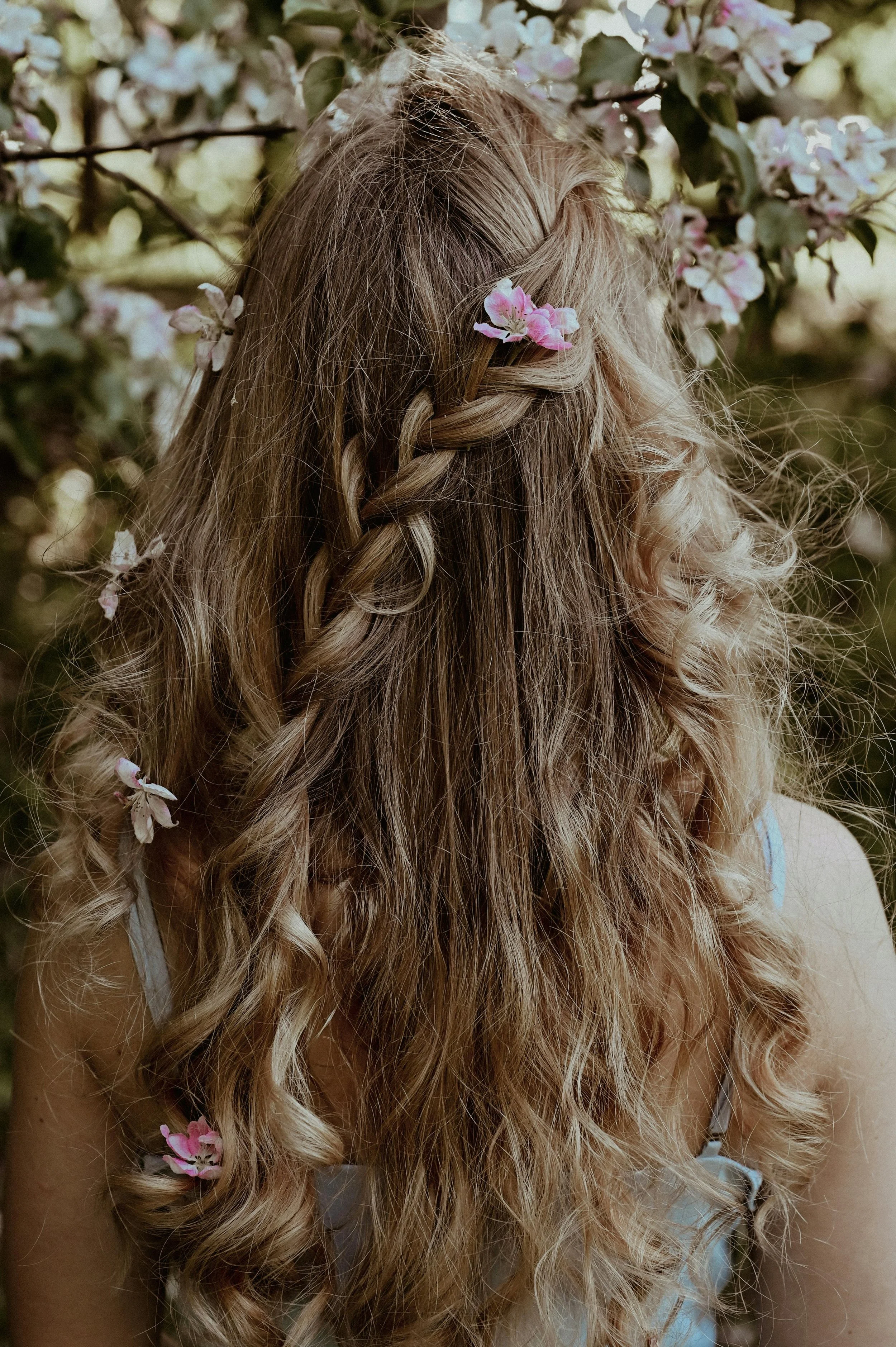 Close-up of a person's long, curly blonde hair with pink flowers woven into the hair and scattered throughout. The background shows blurred white flowers and green leaves.