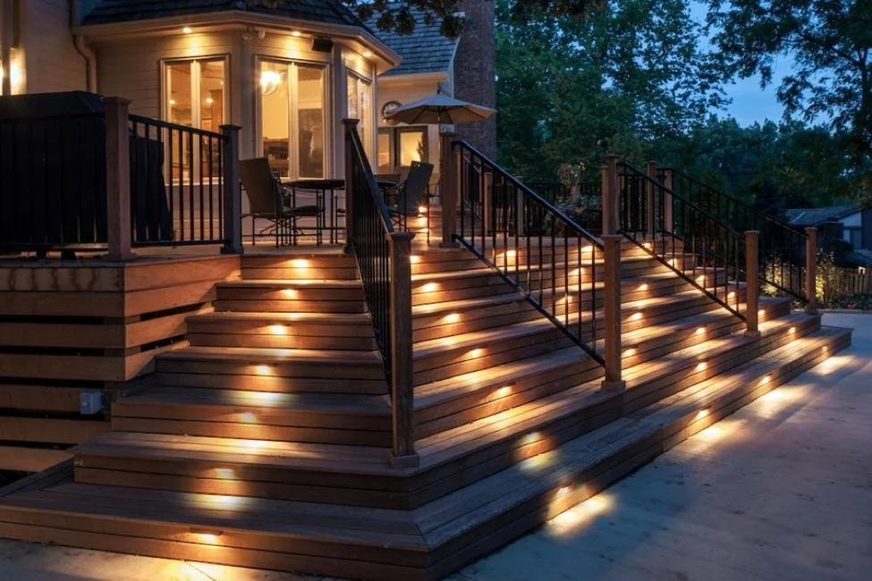Wooden deck at dusk with stairs and railings, illuminated by built-in lighting, surrounded by trees and a neighboring house.