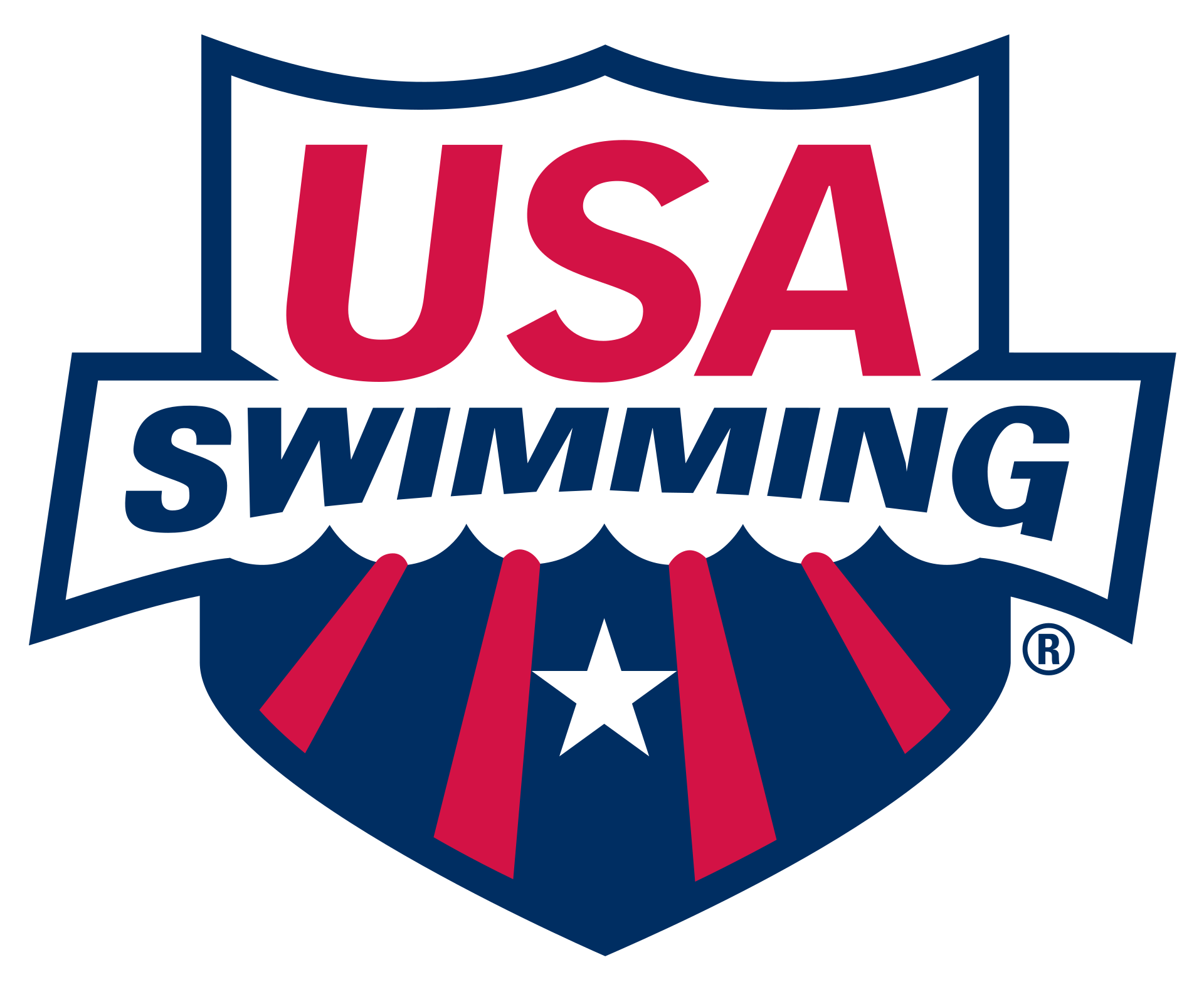 USA Swimming logo with shield design, red and blue colors, stars, and text