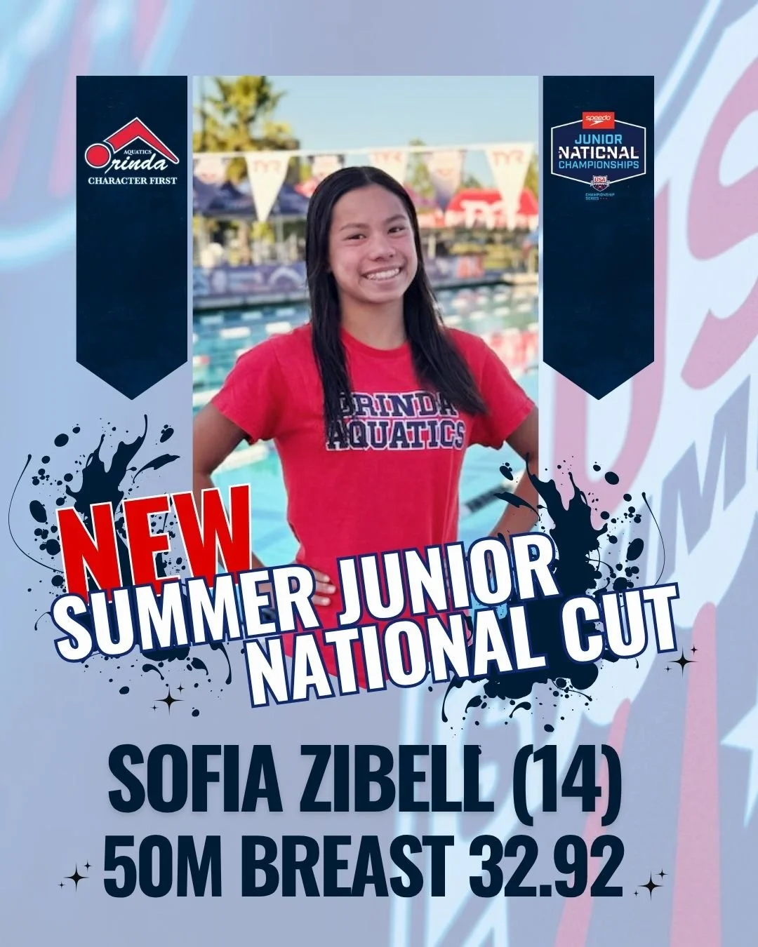 Congratulations to Sofia Zibell on an impressive 50m Breaststroke swim with a 32.92💥 and a NEW Summer Junior cut! Way to go, Sofia!🚀