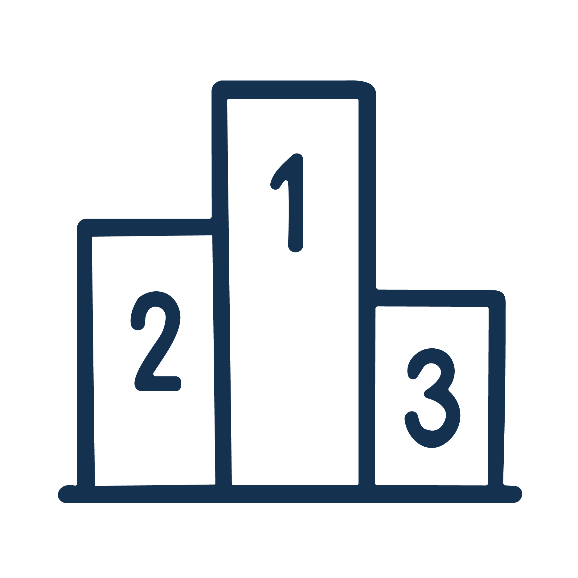 Simple illustration of a winner's podium with platforms numbered 1, 2, and 3 from highest to lowest, indicating first, second, and third place.