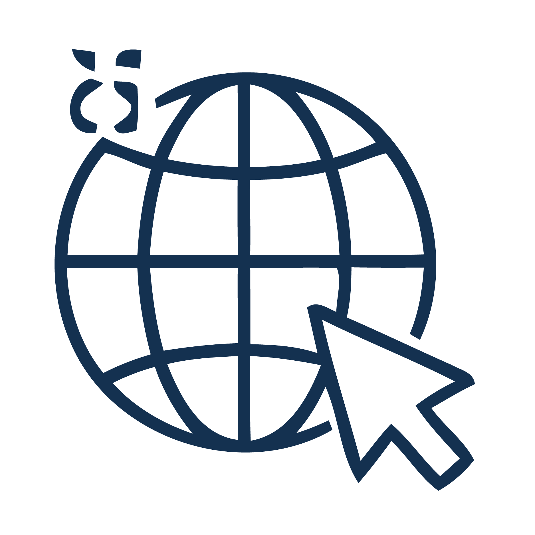 Line drawing of a globe with latitude and longitude lines, surrounded by a magnifying glass shape.