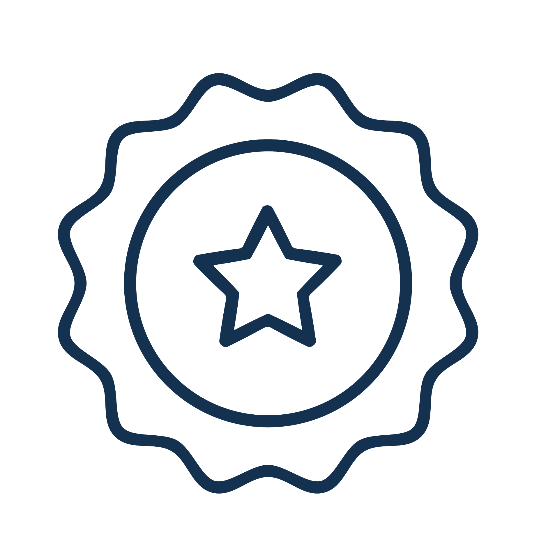 A line drawing of a medal with a star in the center, surrounded by a wavy, ribbon-like border, all in dark blue.