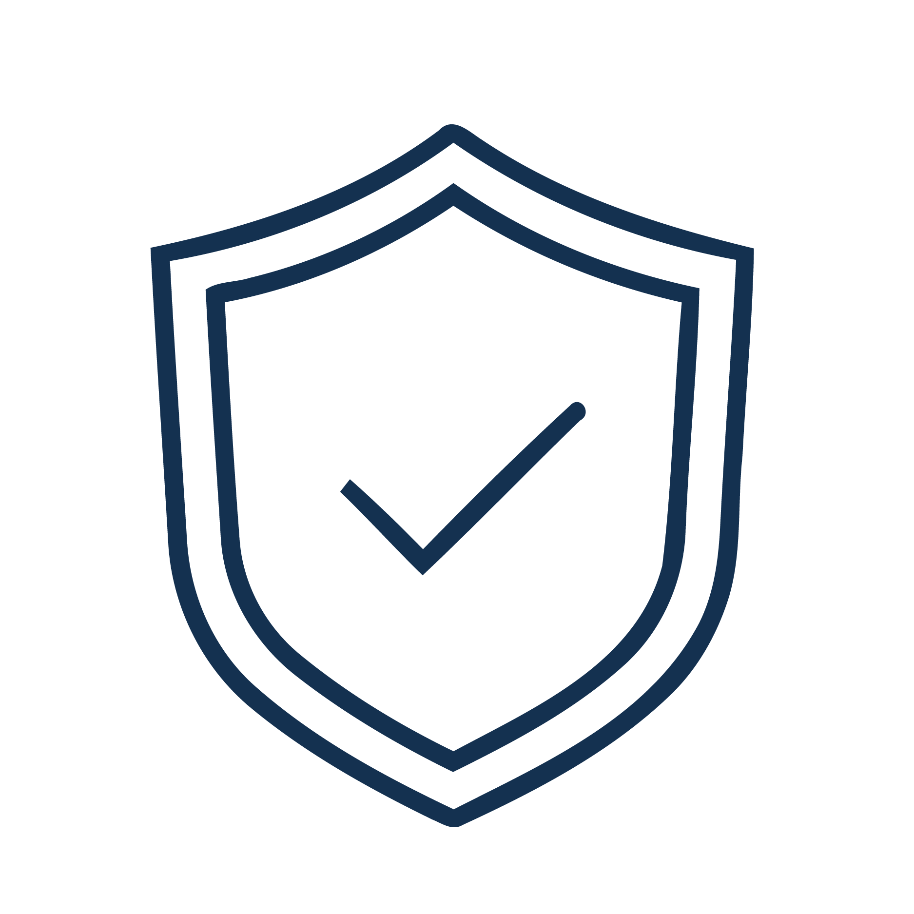 Line art of a badge with a shield shape surrounding a checkmark.