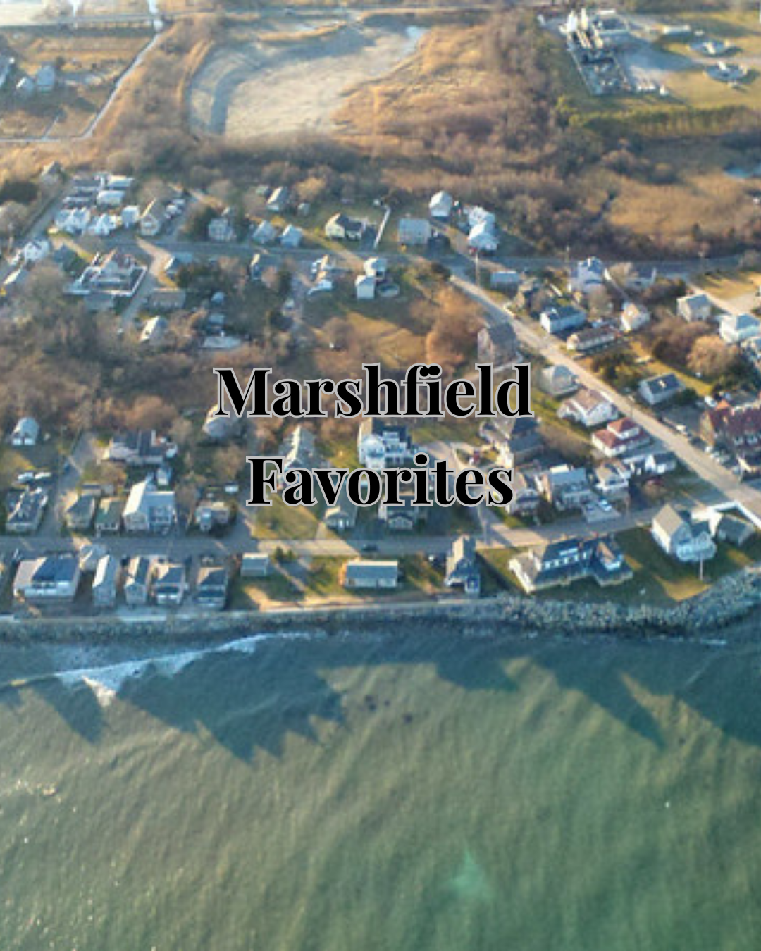 Aerial view of a residential area in Marshfield with houses, roads, trees, and a body of water.