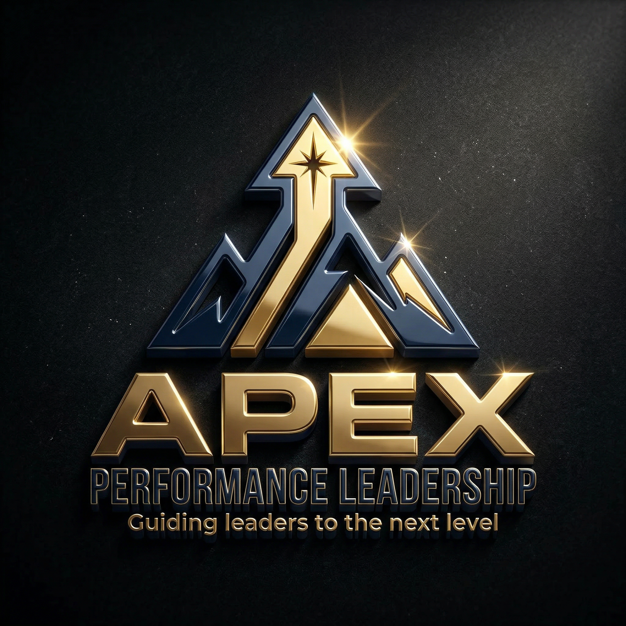 A logo with stylized upward arrows in gold, silver, and black, with stars reflecting light and a background of space with stars. Text below reads 'PERFORMANCE LEADERSHIP' and a tagline about guiding leaders to the next level.