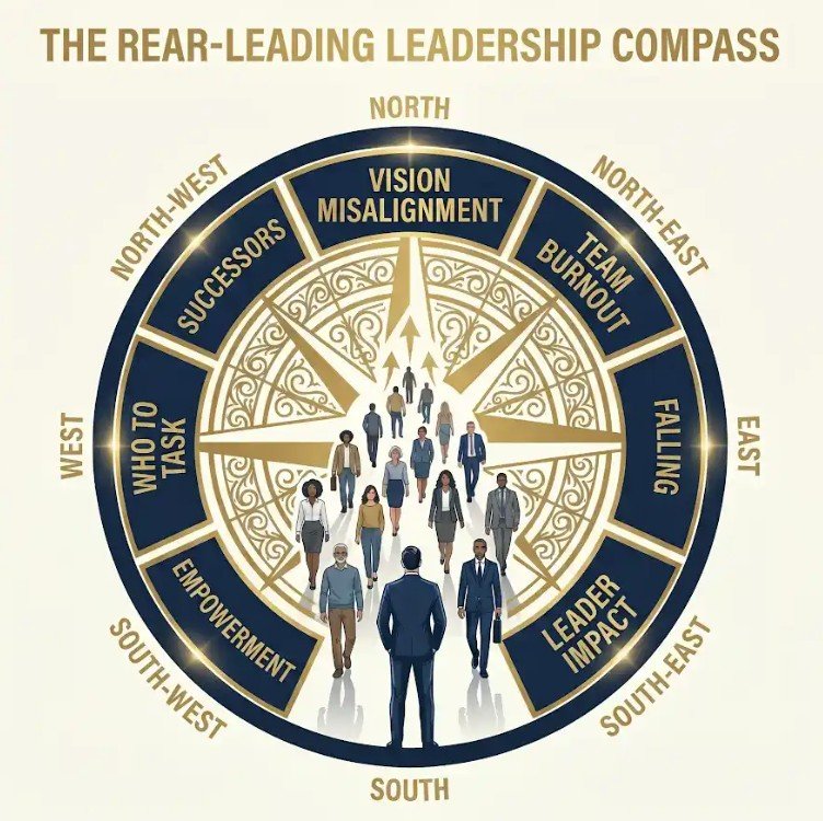 A leadership compass with directions North, East, South, and West, and several inner sections labeled Vision Misalignment, Team Burnout, Falling, Leader Impact, Empowerment, Who to Task, Successors. Each section features illustrated businesspeople and decorative designs.