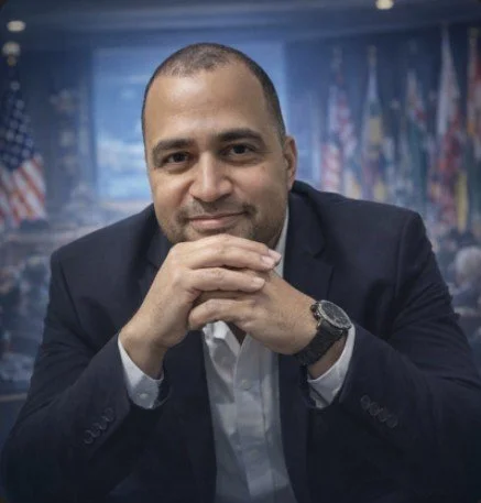 Portrait of a man with short hair, wearing a dark suit, white shirt, and a watch, sitting with hands clasped in front of him, in a room with flags and blue background.