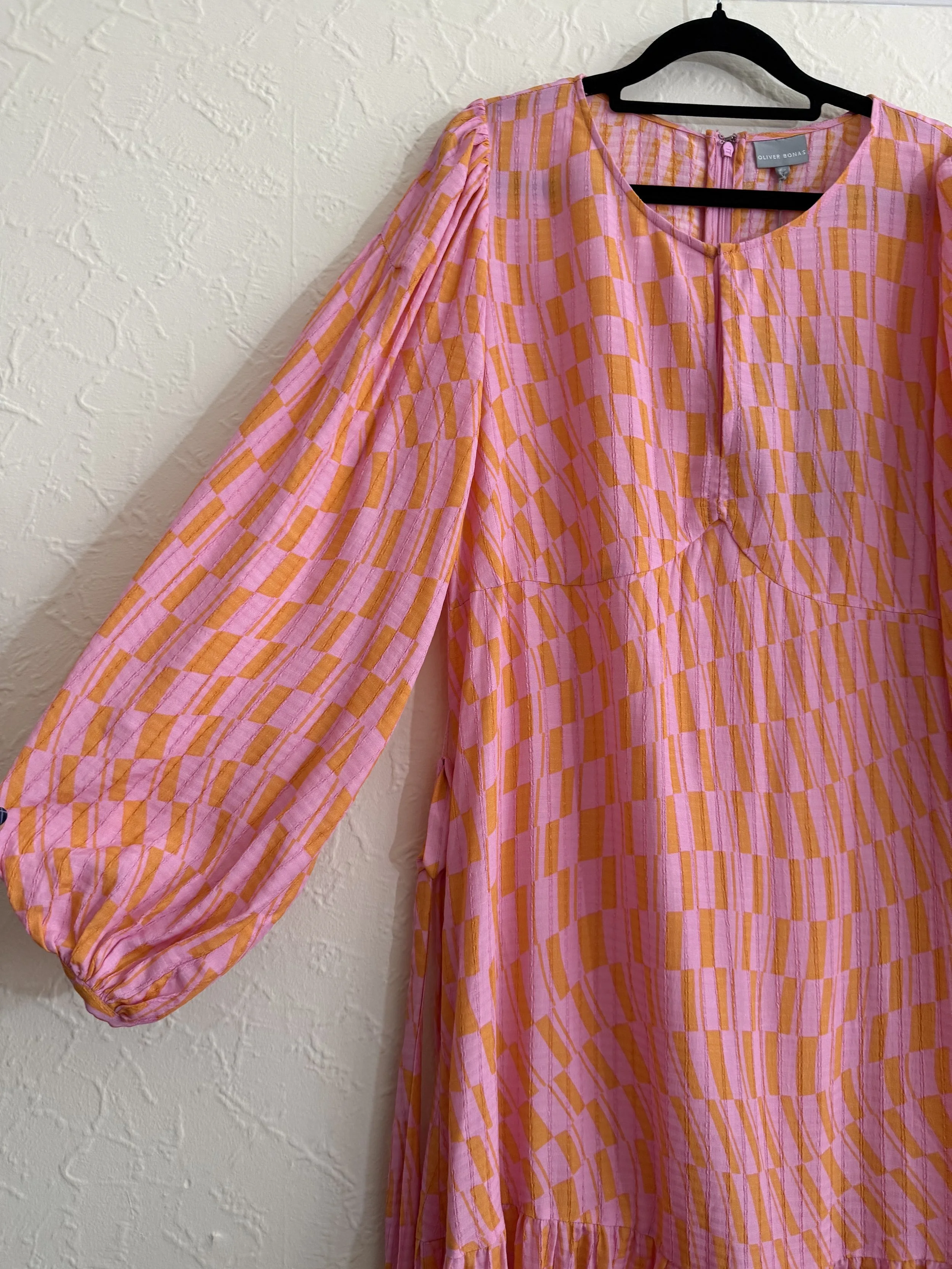Oliver Bonas Pink & Orange Drop Hem Midi Dress NEW