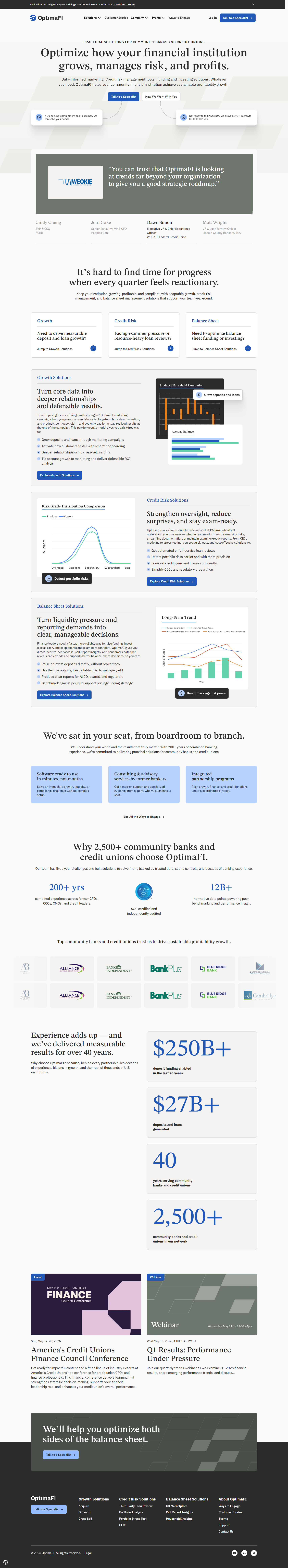 Screenshot of OptimaFI's homepage, a fintech company that helps community banks and credit unions grow revenue, manage credit risk, and balance both sides of the balance sheet.