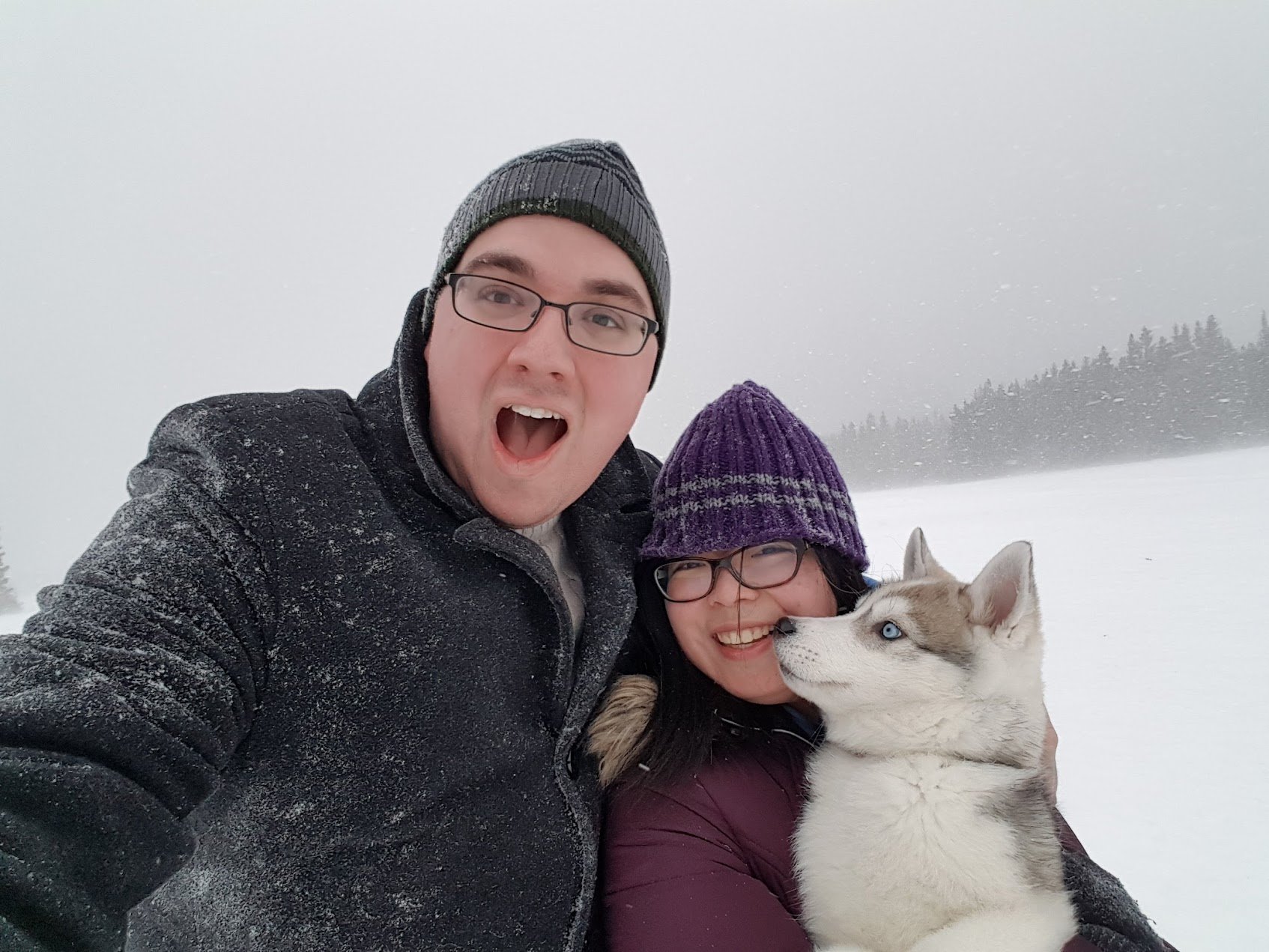 Two people with glasses and winter clothing, a man and a woman, and a white and gray Siberian Husky dog with blue eyes, standing in a snowy landscape with snowy trees in the background.