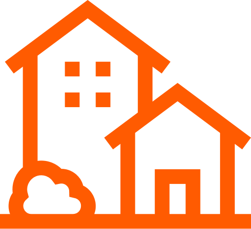 Icon of a house and a smaller building, with a bush in front, in orange outline on a black background.