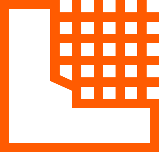 A black and orange pixelated graphic resembling a building or cityscape.