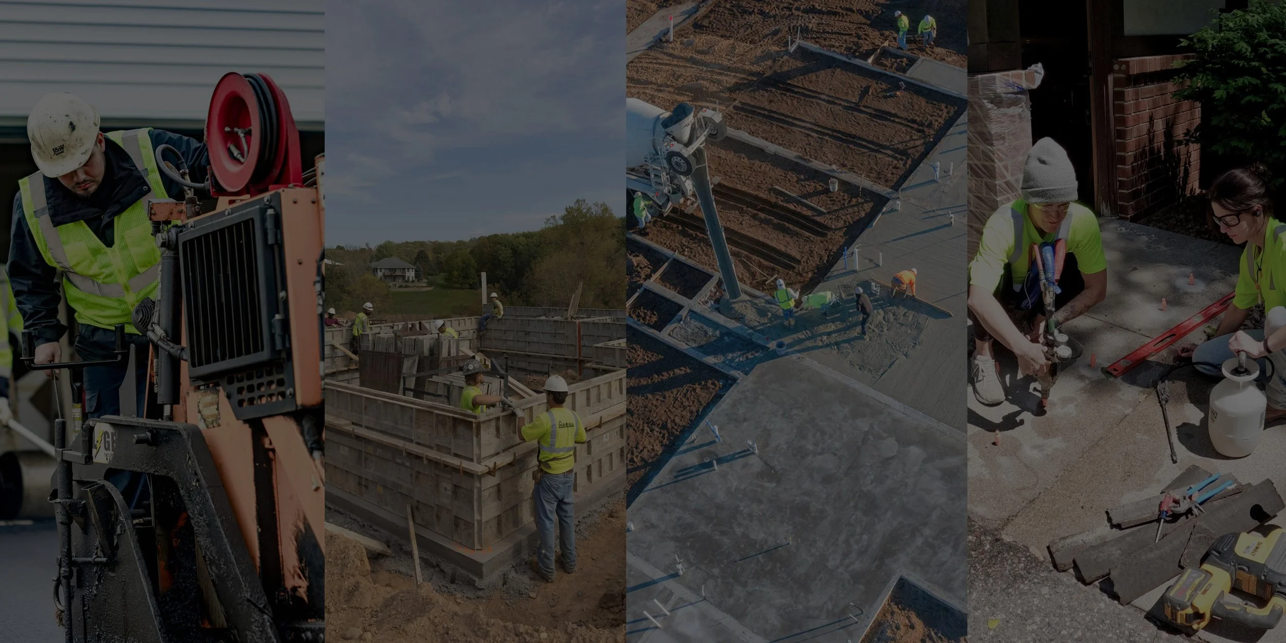 Collage of construction sites showing workers in safety gear, machinery, concrete pouring, and building framework.