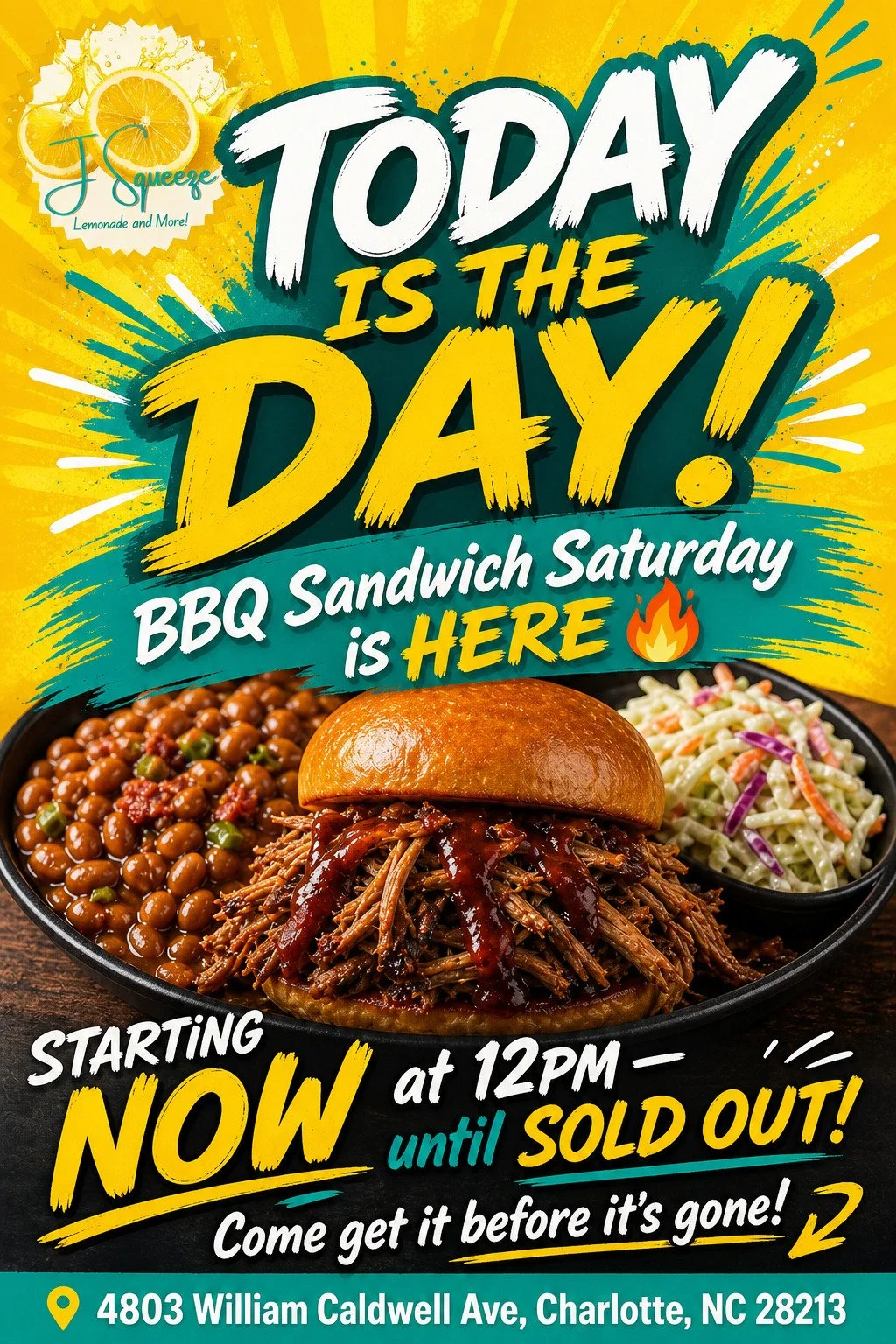 🚨 TODAY IS THE DAY!! 🚨 

BBQ Sandwich Saturday is HERE!! 

🍖🔥 We're firing up Pulled Pork and Chopped Chicken  Sandwiches, Loaded Baked Beans, and Creamy Coleslaw starting at 12PM &mdash; until SOLD OUT! 

📍 4803 William Caldwell Ave, Charlotte,