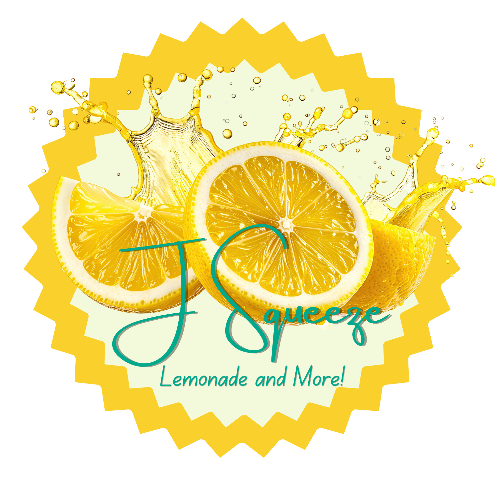 Lemon slices with lemon juice splash and droplets, yellow background, text overlay 'Juice, Lemonade, Lemon and More!'